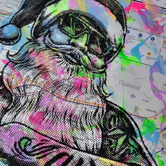 Handpainted Tattoo Santa Claus Acrylic artwork on NYC Subway Map Christmas Decor - Picture 5 of 6
